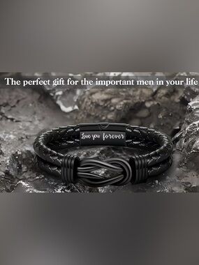 Men's Black 'Love You Forever' Stainless Steel Leather Bracelet